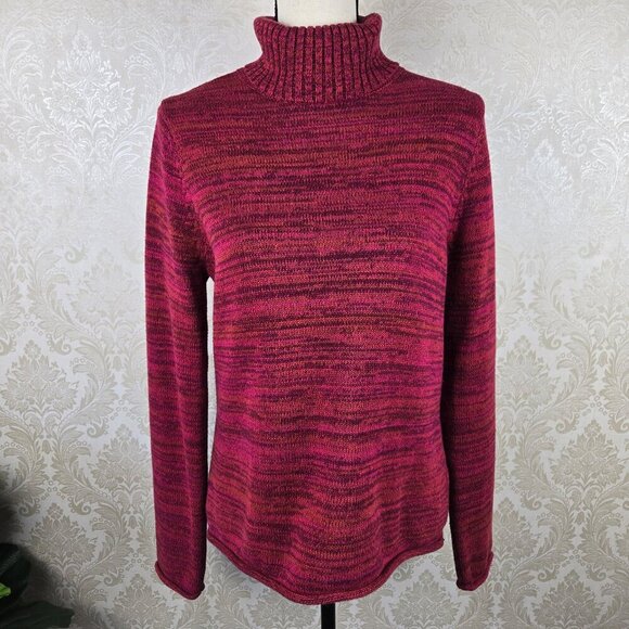 Jeanne Pierre Size Medium Red Marled Striped Turtleneck Sweater 100% Cotton - Picture 1 of 11